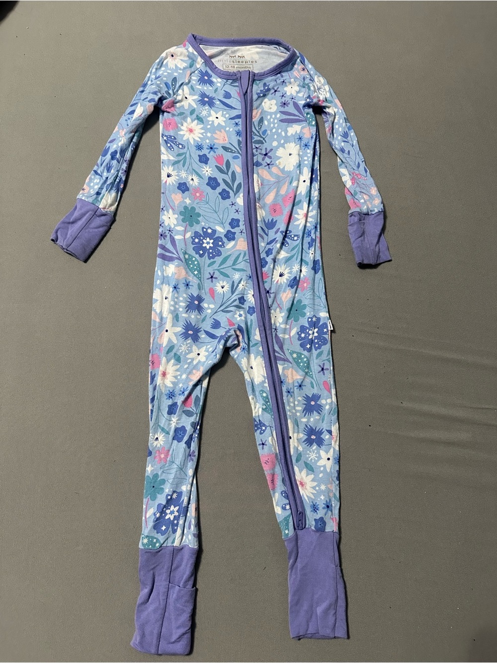 Little Sleepies Blue Floral Footie Pajamas with Purple Trim